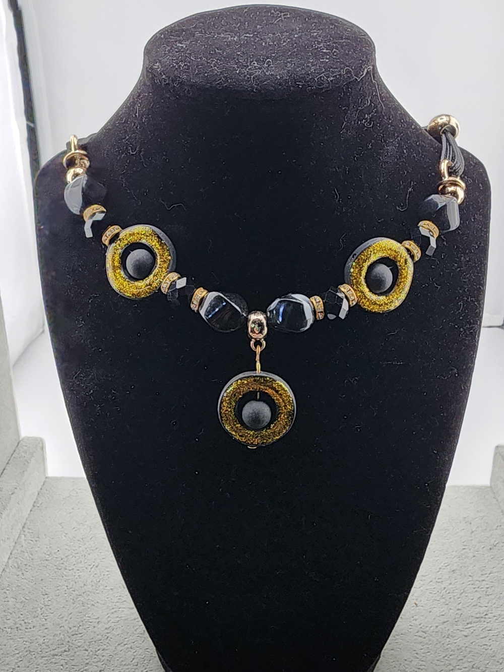24" Adjustable Gold and Black Beaded Statement Necklace - Women Jewelry